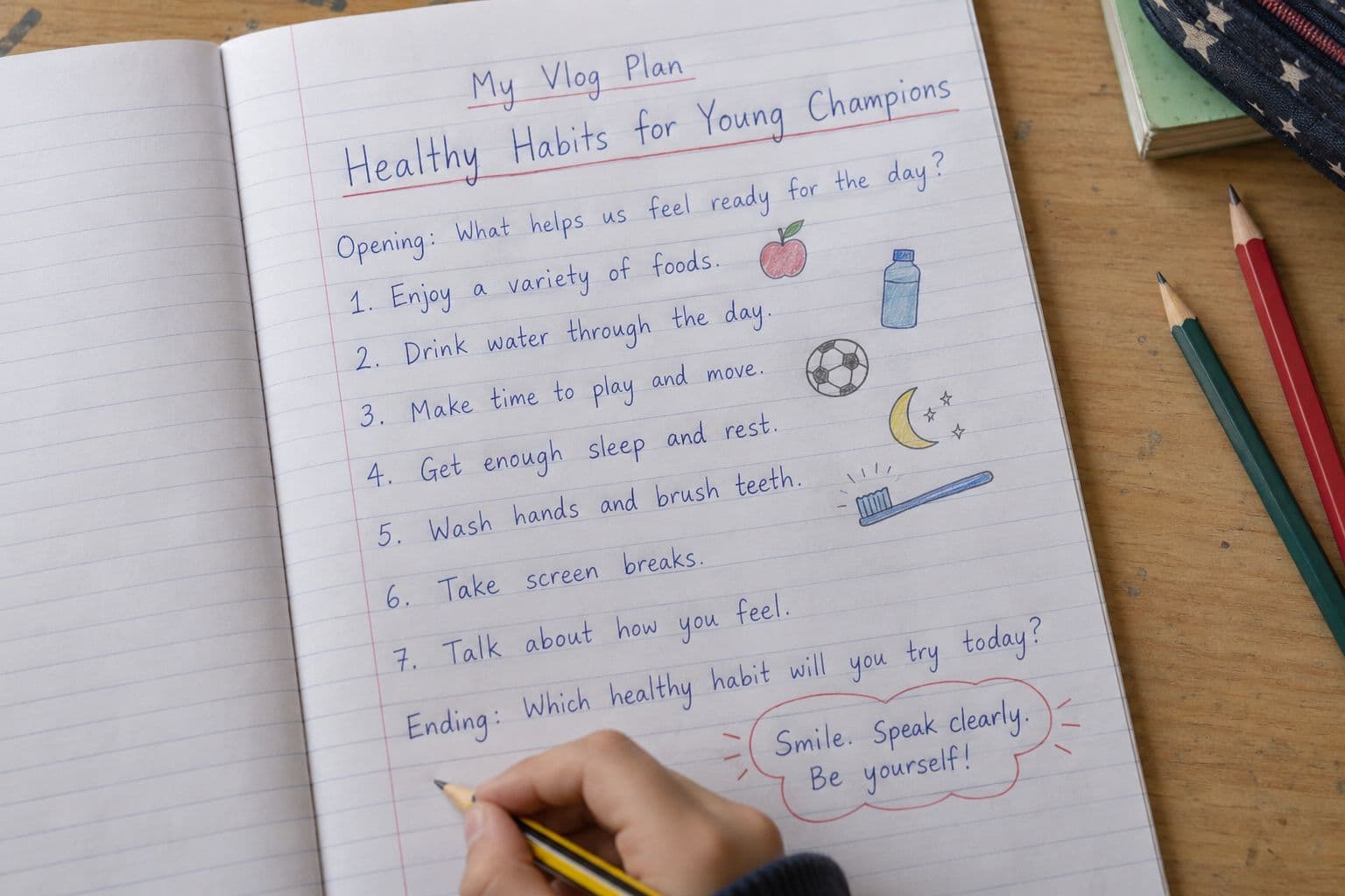 A student’s handwritten plan for Healthy Habits for Young Champions