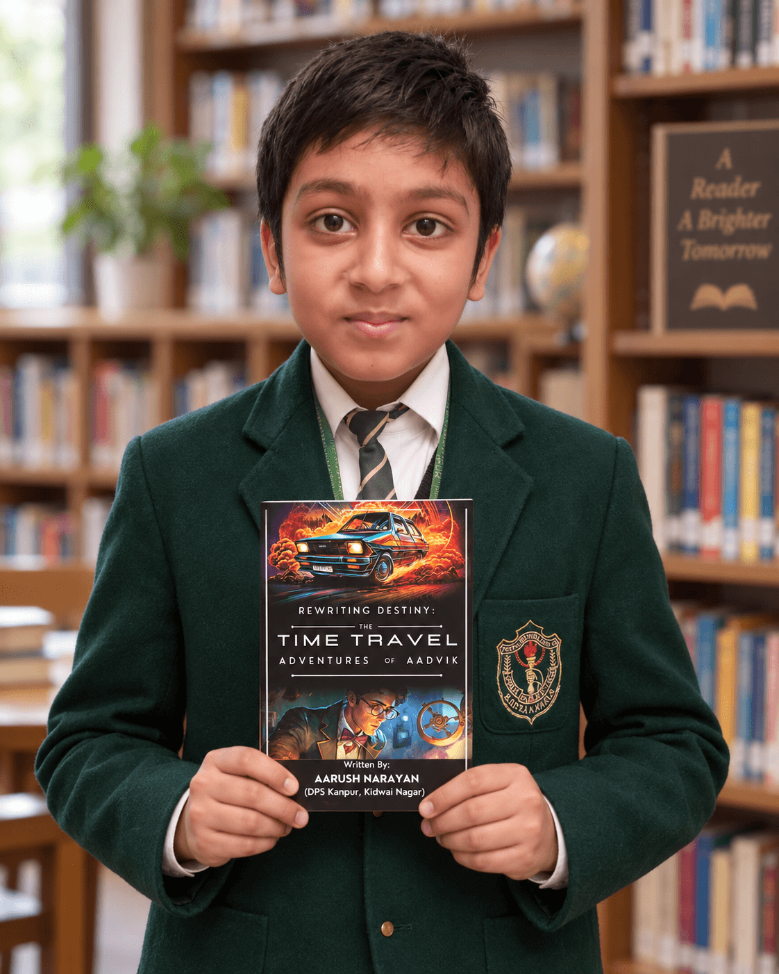 Student author Aarush Narayan with his finished book