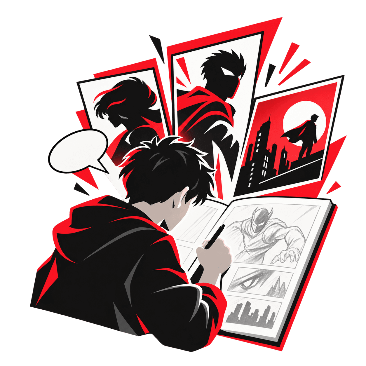 A student drawing characters and panels for a comic