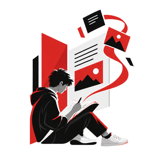 A student developing an illustrated story in a notebook