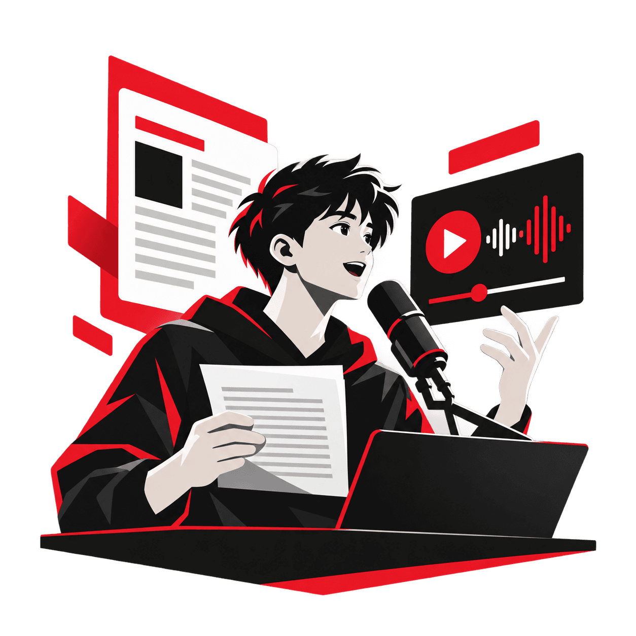 A student scripting and recording a vlog or broadcast